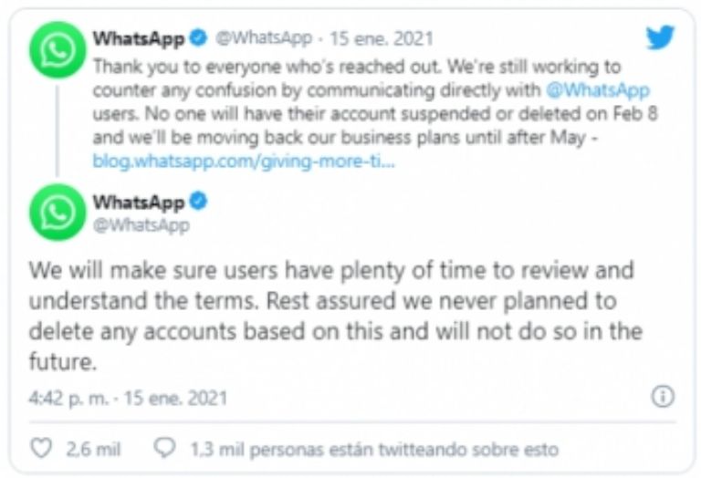 El comunicado de WhatsApp sobre las repercusiones de su anuncio.